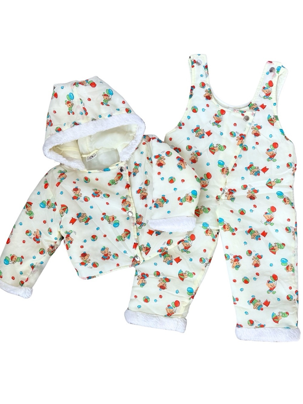Vintage Baby Snowsuit Set 12M Hooded Jacket Overalls Teddy Bear Balloons Print